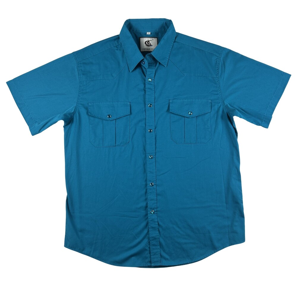 Coevals Club Shirt Mens Large Blue Solid Short Sleeve Western Snap Pockets